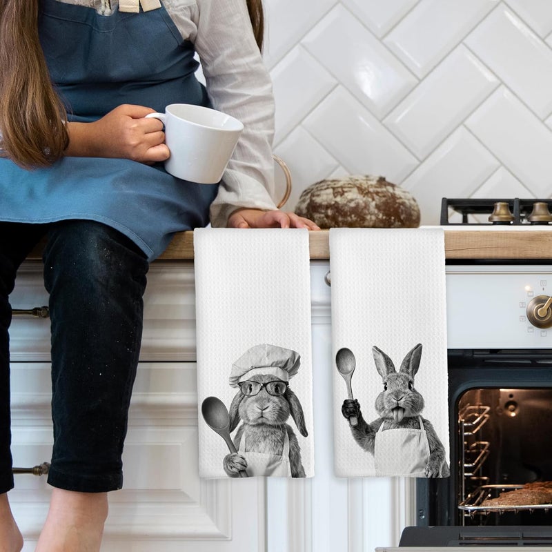 Mcehtle Funny Bunny Kitchen Towels Set of 2, Easter Kitchen Accessories, Rabbit Chef Gift Hand Towel, Gifts for Bunny Lovers Women, Dining Room Decorative Tea Towel Dish Towels 16x24 Inch - Image 3